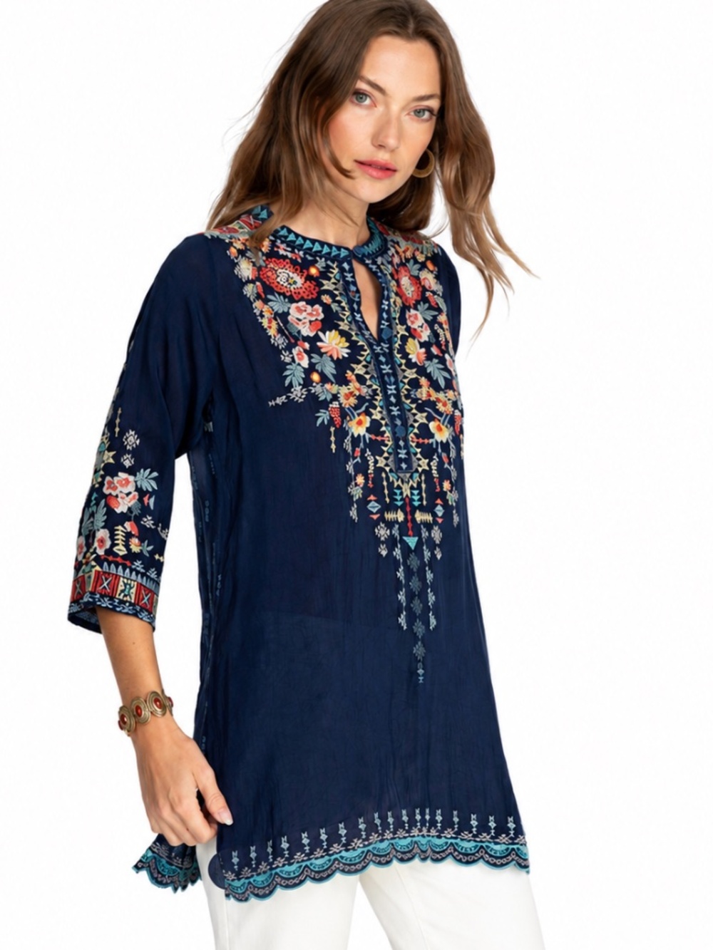 Johnny Was Embroidered Navy Cupra Rayon Tunic Top Medium